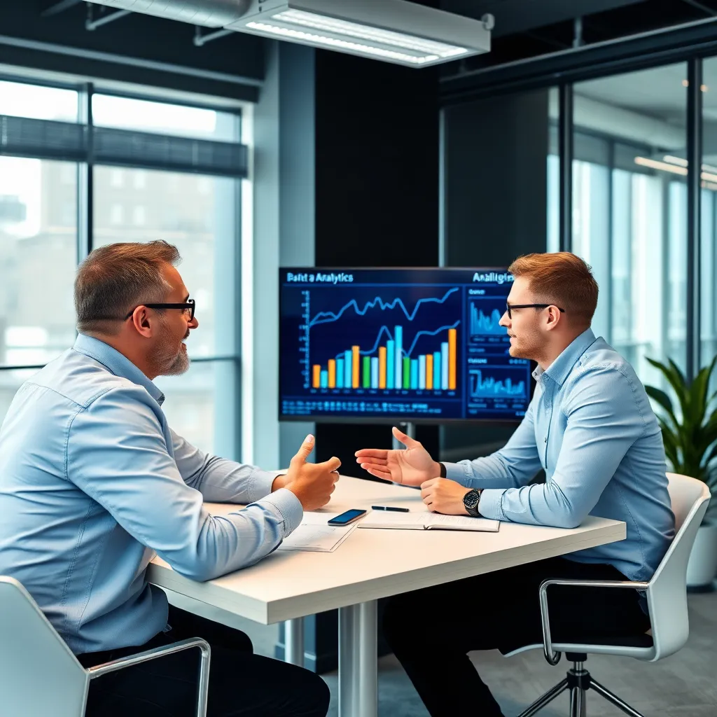 Professionals bespreken data-analyses tijdens een adviesgesprek