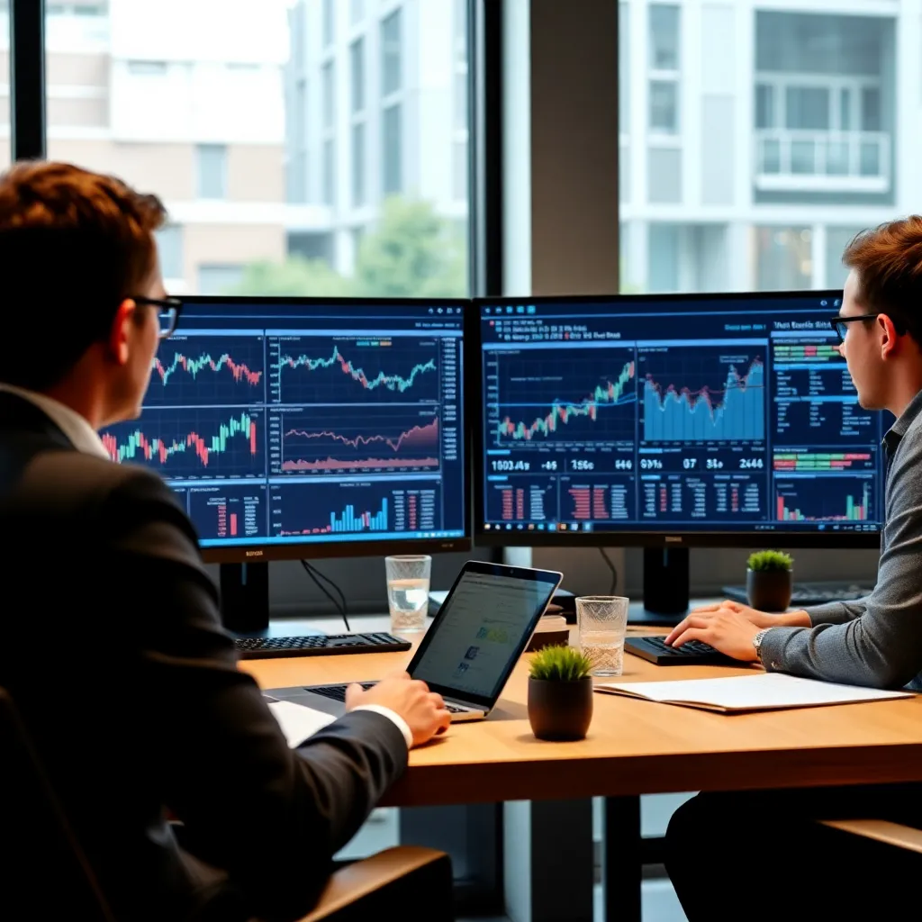 Financieel team analyseert markttrends op meerdere schermen in een modern kantoor