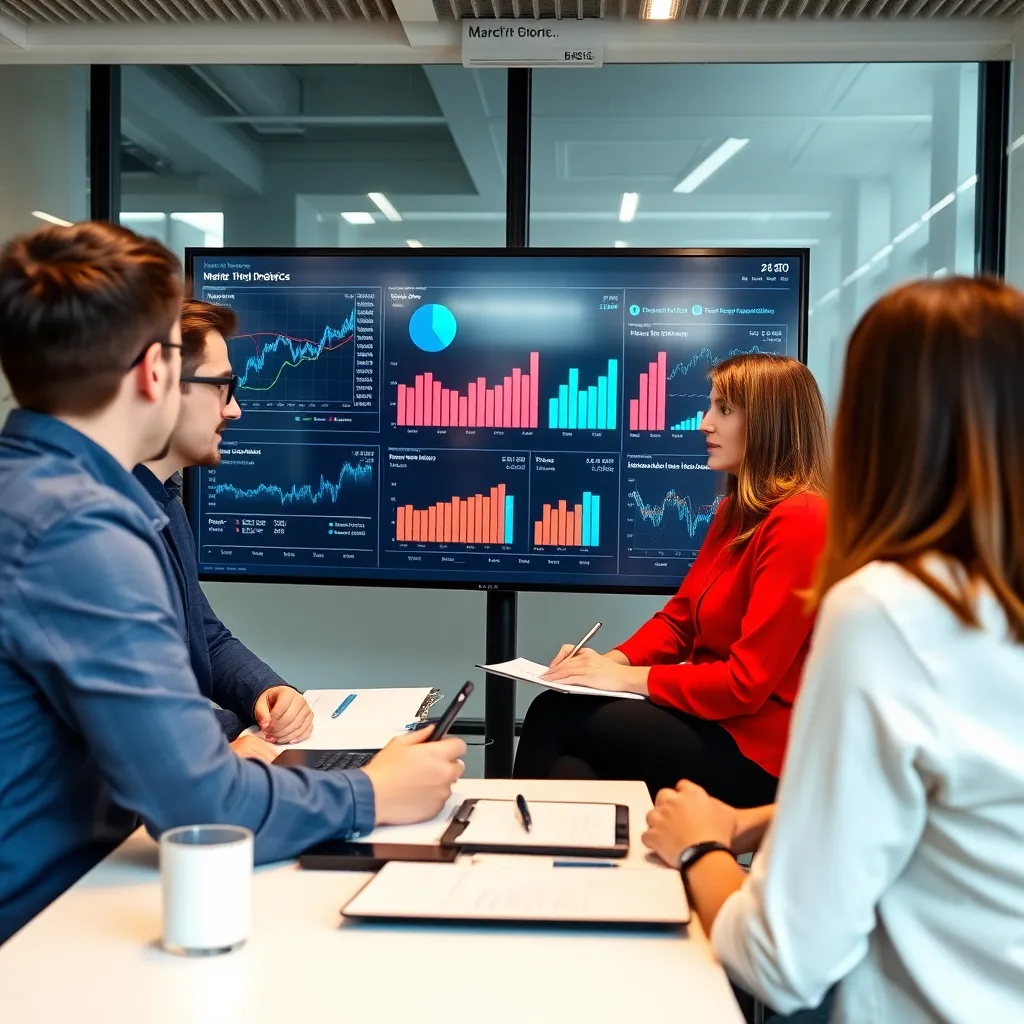 Fintech professionals bespreken data-visualisaties op een groot scherm