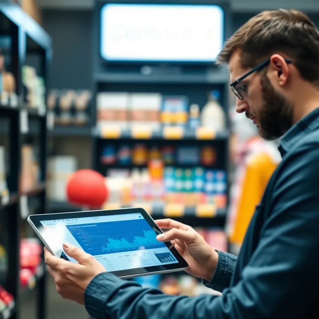 Retail manager bestudeert klantgegevens op een tablet in een winkel in Amsterdam